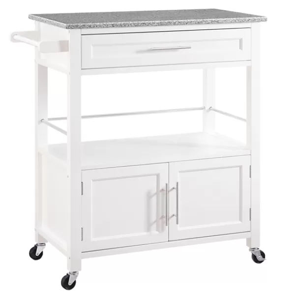 Kitchen Islands & Bar Carts-Kirkland's Home White Parker Granite Top Rolling Kitchen Cart