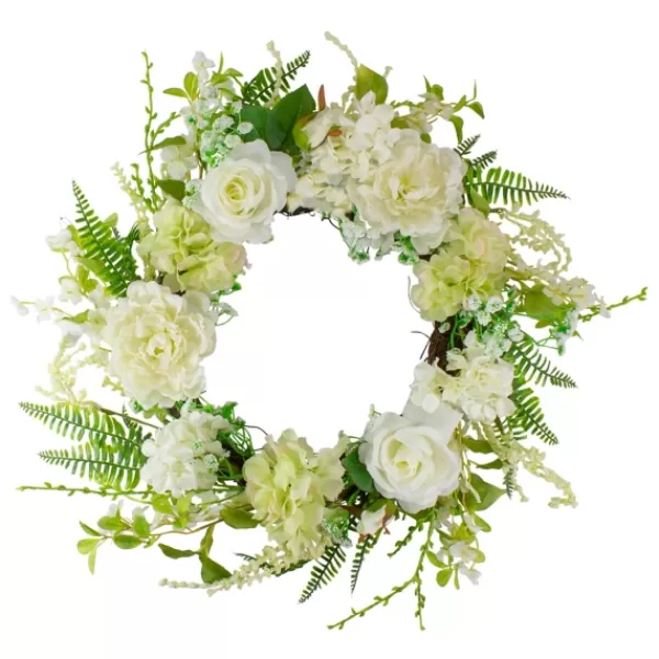 Wreaths-Kirkland's Home White Roses And Geraniums Wreath Green/White