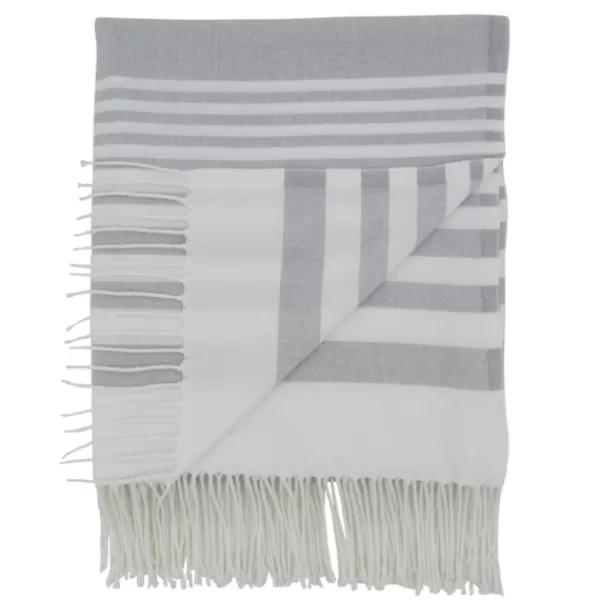 Blankets & Throws-Kirkland's Home White Stripe With Fringe Throw Blanket Gray