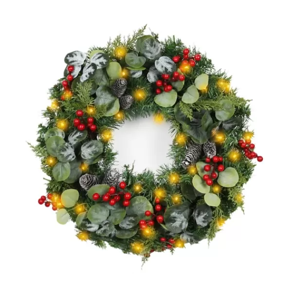 Wreaths-Kirkland's Home White Tip Pinecone And Eucalyptus Pre-Lit Wreath Green/White/Red