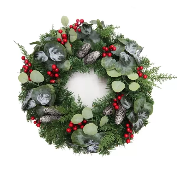 Wreaths-Kirkland's Home White Tip Pinecone And Eucalyptus Wreath Green/White/Red