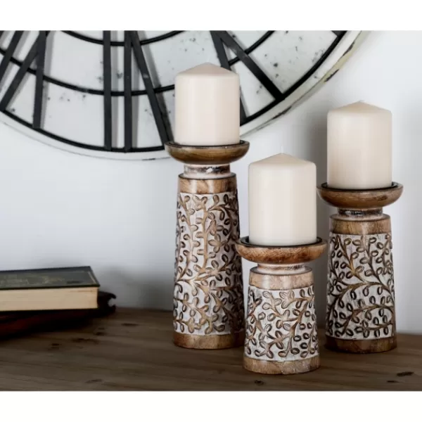 Candle Holders-Kirkland's Home White Washed Botanical Candle Holders, Set Of 3 White/Brown