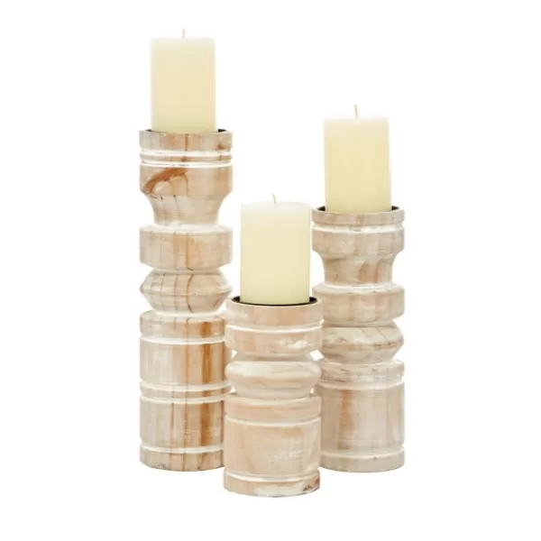 Candle Holders-Kirkland's Home White Washed Wood Column Candle Holders, Set Of 3 White/Brown/Tan