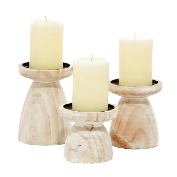 Candle Holders-Kirkland's Home White Washed Wood Cone Candle Holders, Set Of 3 White/Brown/Tan