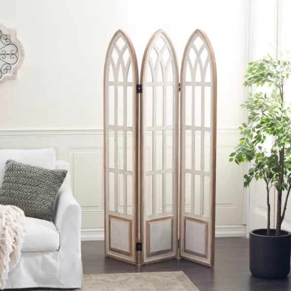 Decorative Accents-Kirkland's Home White Wood Windowpane 3-Panel Room Divider White/Tan