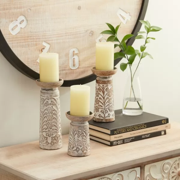 Candle Holders-Kirkland's Home Whitewashed Brown Carved Candle Holders, Set Of 3 White/Brown