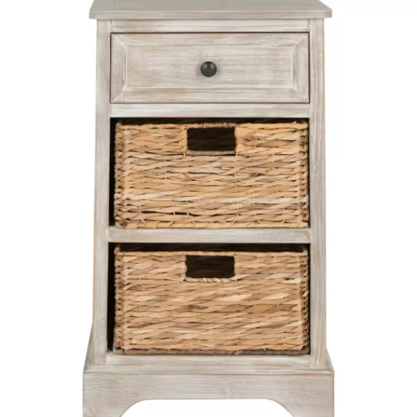 Accent & End Tables-Kirkland's Home Whitewashed Brown Wood Side Table With Baskets White/Brown