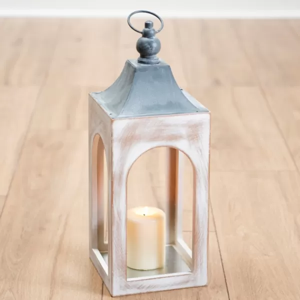 Lanterns-Kirkland's Home Whitewashed New Hampshire Lantern, 17 In. White/Gray