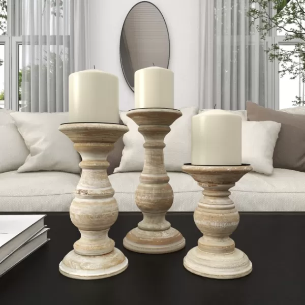 Candle Holders-Kirkland's Home Whitewashed Rustic 3-Pc. Candle Holder Set White/Tan