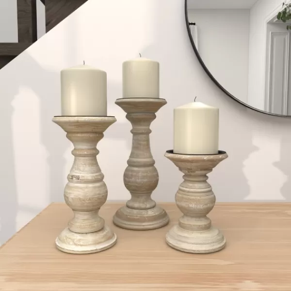 Candle Holders-Kirkland's Home Whitewashed Rustic 3-Pc. Candle Holder Set White/Tan