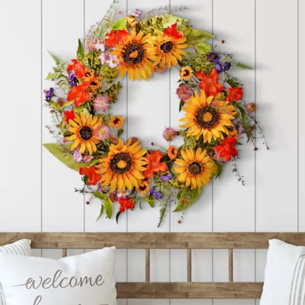Wreaths-Kirkland's Home Wild Garden Sunflower Mix Wreath Green/Yellow/Orange/Purple