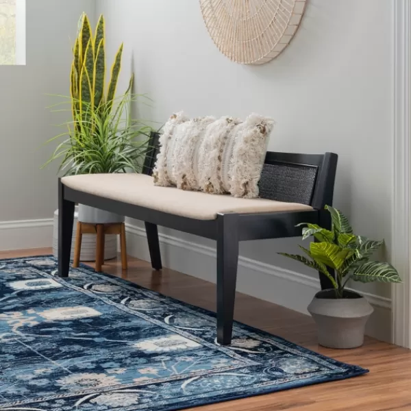Benches & Ottomans-Kirkland's Home Wood And Cane Upholstered Bench Black