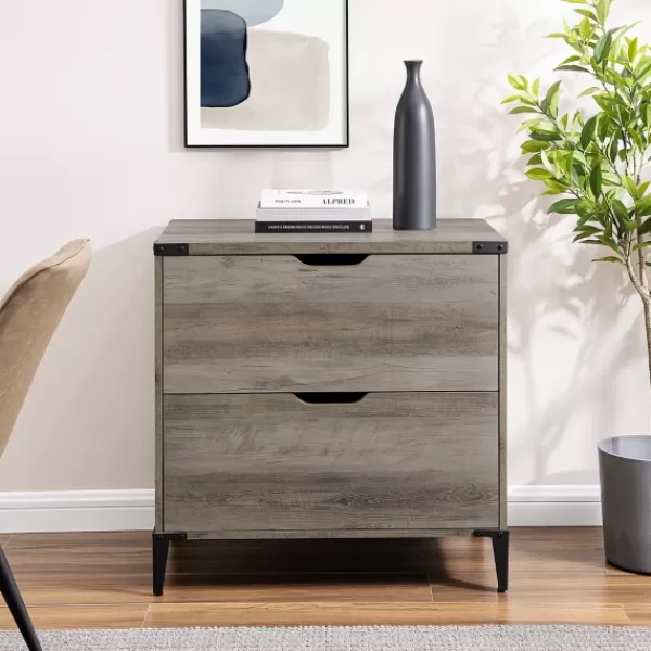 Office Furniture-Kirkland's Home Wood And Iron Accent Filing Cabinet Gray