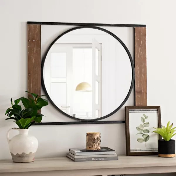 Decorative Mirrors-Kirkland's Home Wood And Metal Framed Round Industrial Mirror