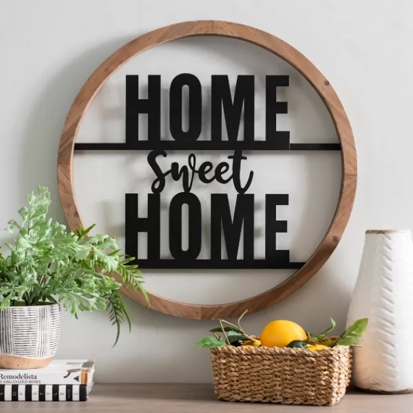 Wall Quotes & Signs-Kirkland's Home Wood And Metal Home Sweet Home Round Plaque Tan/Black