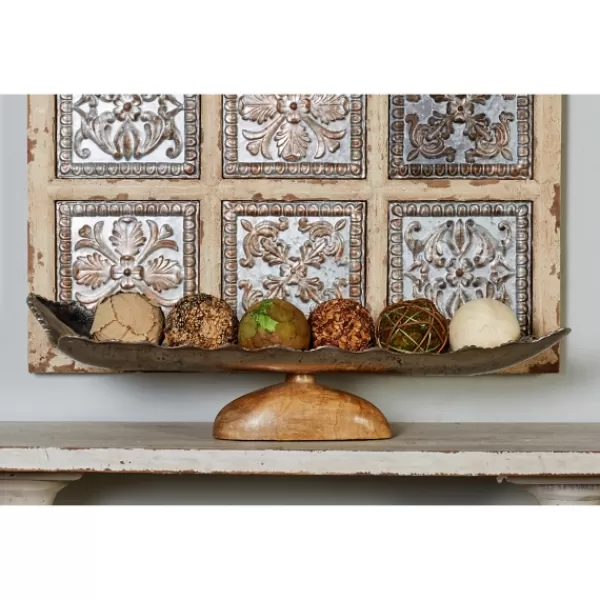 Decorative Trays-Kirkland's Home Wood And Metal Scalloped Rim Tray Silver/Brown