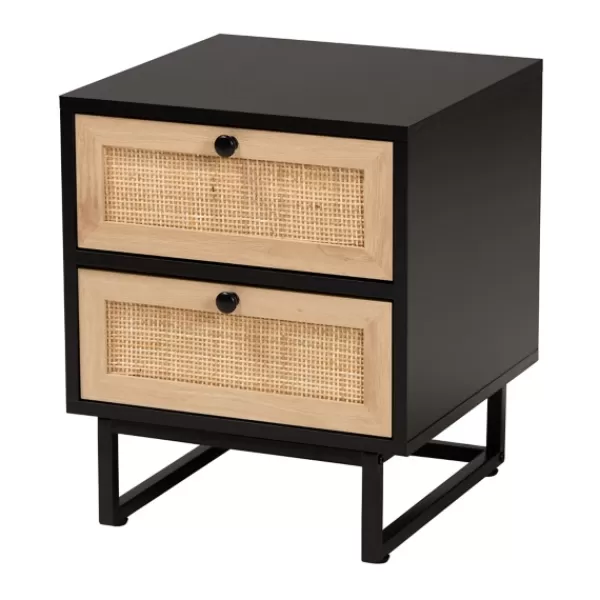 Nightstands-Kirkland's Home Wood And Rattan 2-Drawer Nightstand Black