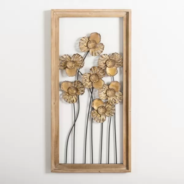Wall Plaques-Kirkland's Home Wood Gold Metal Flowers I Wall Plaque Gold/Tan