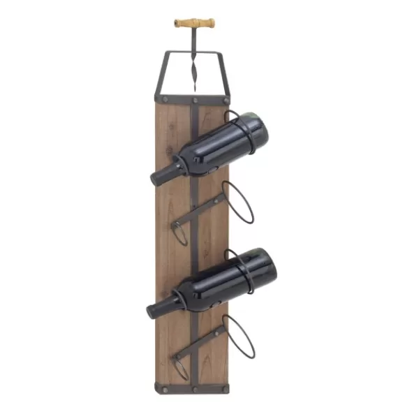 Wall Storage-Kirkland's Home Wood Panel Black Metal Wine Rack Brown