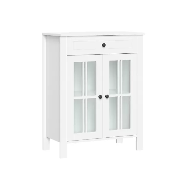 Bathroom Furniture-Kirkland's Home Wood Two Pane Glass Doors Floor Cabinet White