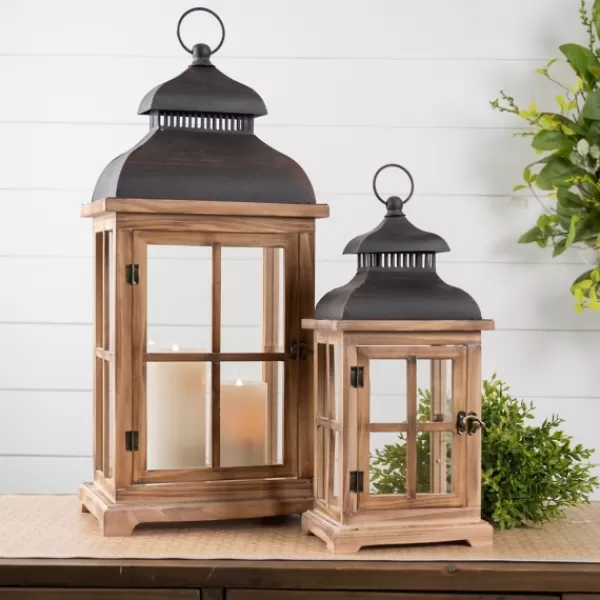 Lanterns-Kirkland's Home Wood Windowpane Slope Top Lanterns, Set Of 2 Brown/Black