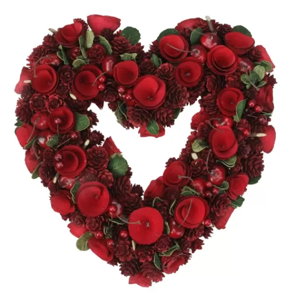 Wreaths-Kirkland's Home Wooden Roses And Cherries Valentine Heart Wreath Red