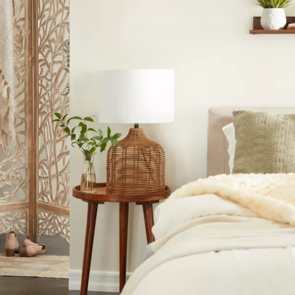 Table Lamps-Kirkland's Home Woven Rattan Base Ivory Shade Table Lamp Brown
