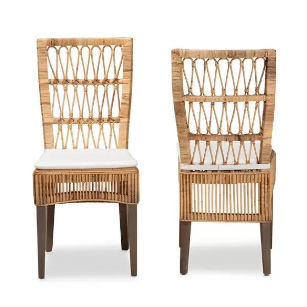 Dining Chairs-Kirkland's Home Woven Rattan White Cushion Dining Chairs, Set Of 2 Tan/White